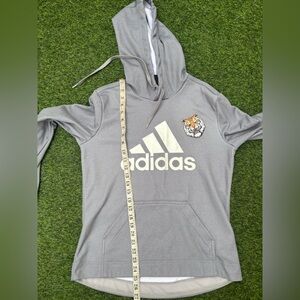 adidas gray hoodie with white logo and tiger patch